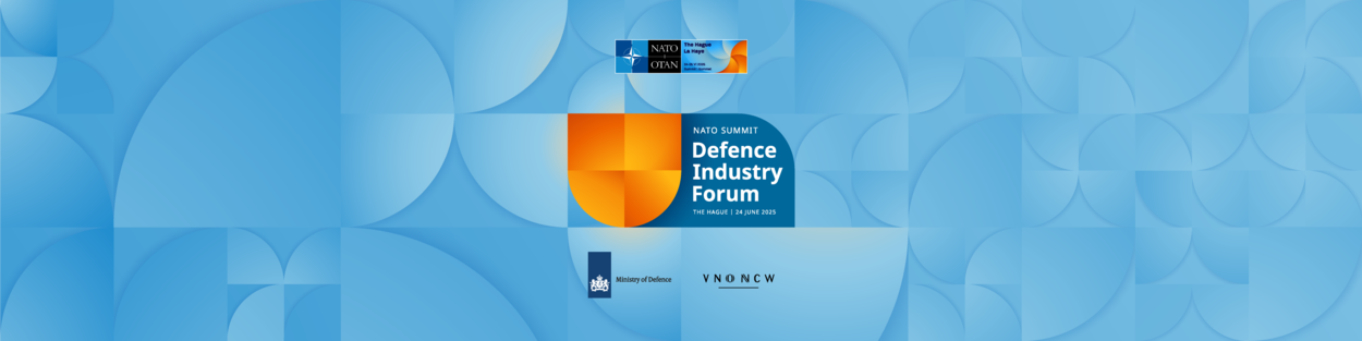 Logo NATO Summit Defence Industry Forum. The Hague 24 June. Logo Ministry of Defence and VNO NCW included.