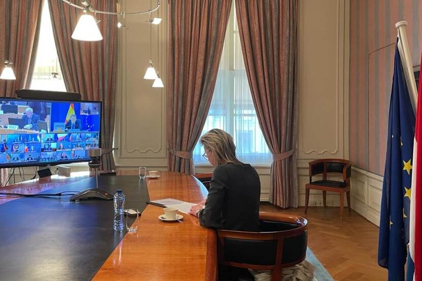 Netherlands Minister of Defence Kajsa Ollongren spoke to her colleagues via video link.