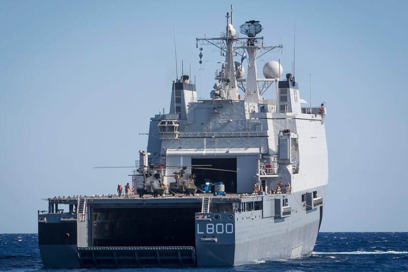 HNLMS Rotterdam with Cougar transport helicopters on the afterdeck.