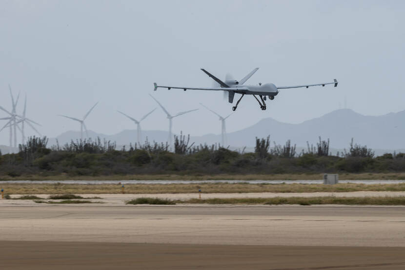 Archive photo of the first training flight in April 2022 of the first MQ-9 Reaper in the Netherlands.