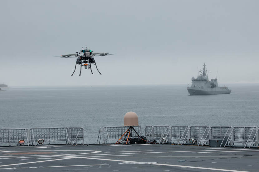 A flying drone above the Zr.Ms. Johan de Witt