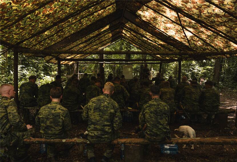 A group of soldiers is being educated in the Surinam jungle.