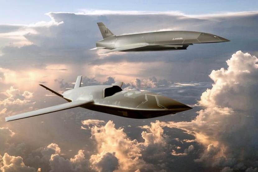 Autonomous unmanned aerial systems fly. Whimsical, pink clouds in the background.