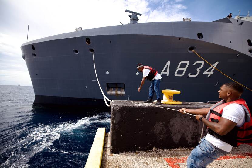 A marine ship arrives in the Caribbean