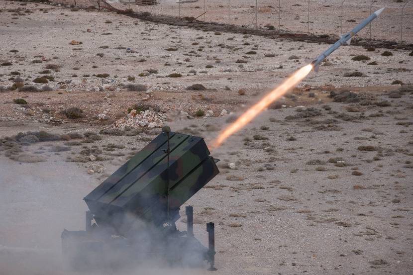 Launch of an Amraam (advanced medium range air-to-air missile) from the Army Ground Based Air Defence System, Kreta 2013.