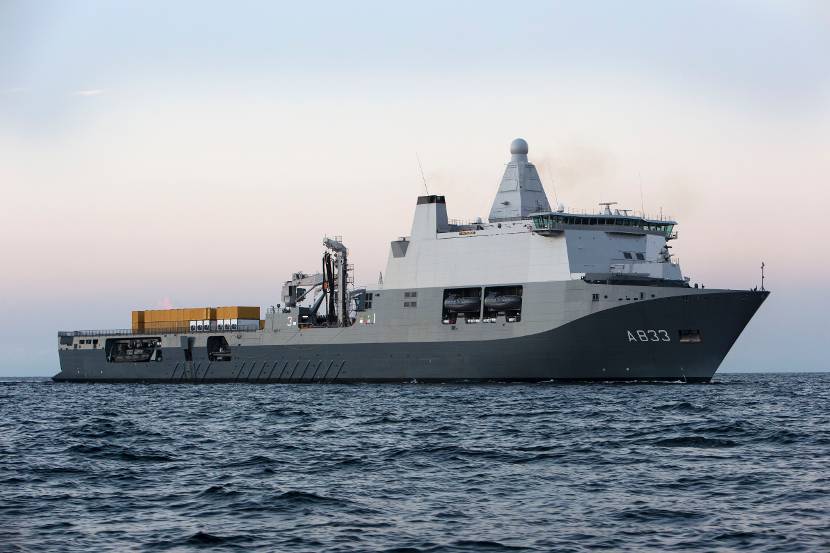 Joint logistic Support Ship HNLMS Karel Doorman arrives with cargo in support of the battle against ebola at the harbour of Conakry Guinee, 21 november 2014.