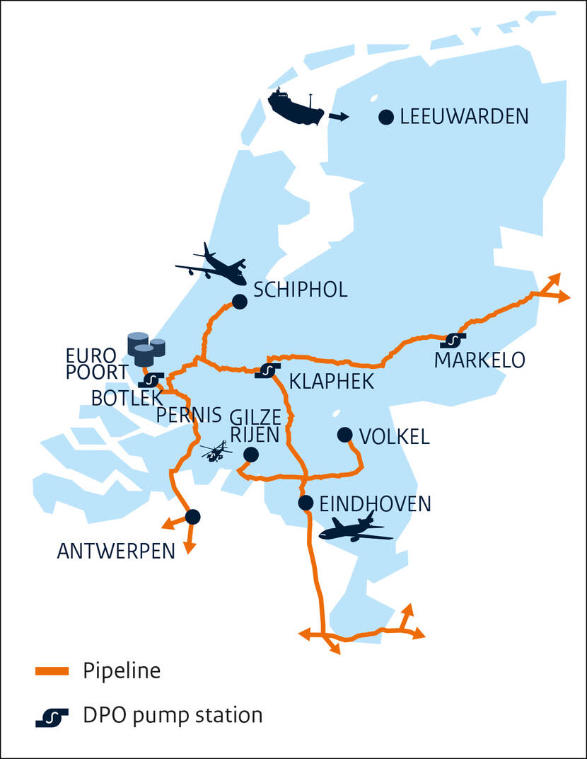 Map of the Netherlands with the DPO pipeline network.