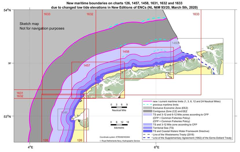 Changed limits of maritime zones due to changed low-tide elevations in New Editions of nautical charts. The maximum change is -3200 meter (1 and 3 M line), -3000 meter (6 M line), -2900 meter (12 M line) and -2700 meter (24 M line).