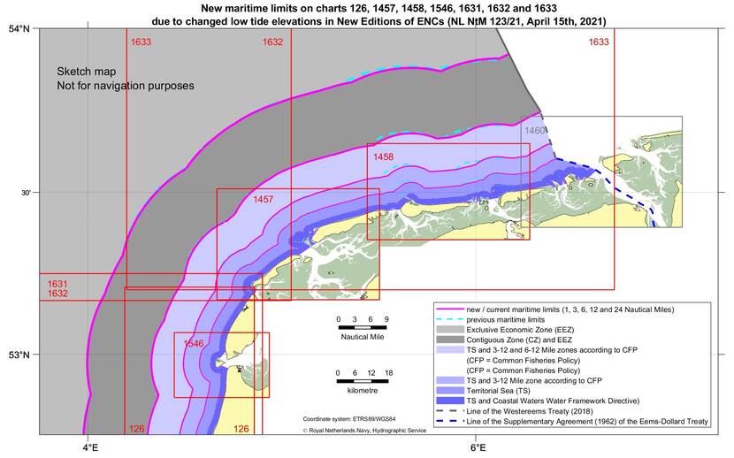 Changed limits of maritime zones due to changed low-tide elevations in New Editions of nautical charts. The maximum change is -2000 meter (1 M line), -1500 meter (3, 6 and 12 M line), -1200 meter (24 M line).