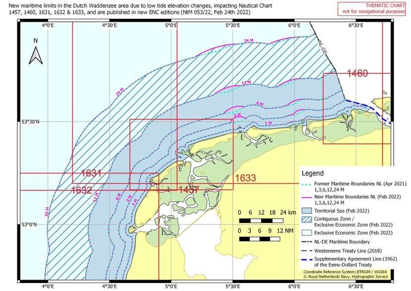Changed limits of maritime zones due to changed low-tide elevations in New Editions of nautical charts. The maximum changes near the Wadden Islands (north coast) are: +900 meter (1 Mile limit), +2600 meter (3, 6 and 12 Mile limit), +2200 meter (24 Mile limit).
