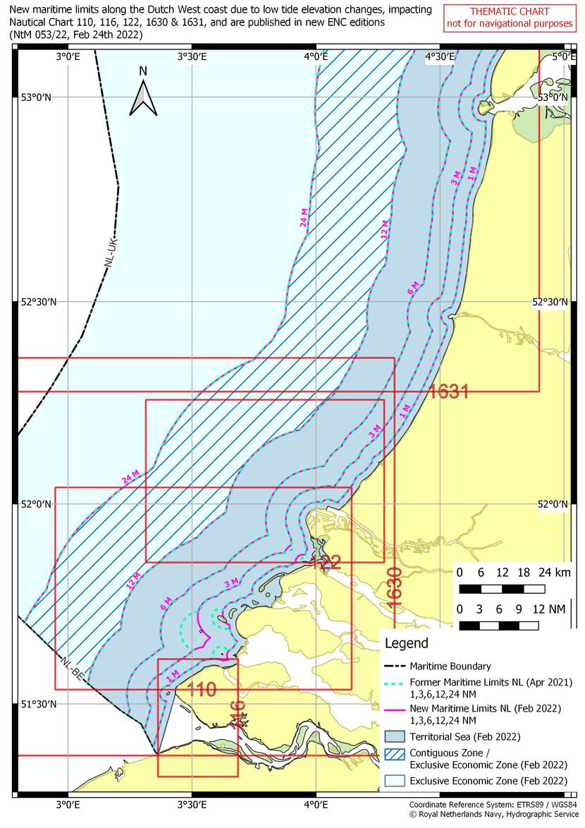 Changed limits of maritime zones due to changed low-tide elevations in New Editions of nautical charts. The maximum changes near the near the south coast are: -3400 meter (1 Mile limit), -6000 meter (3 Mile limit), +150 meter (6 Mile limit), +100 meter (12 and 24 Mile limit).