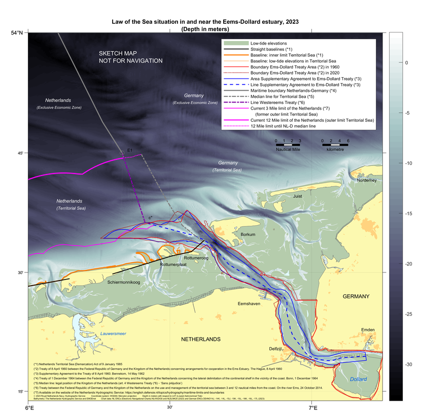 Chart: Law of the Sea situation in and near the Eems-Dollard estuary 2023 (depth in meters).