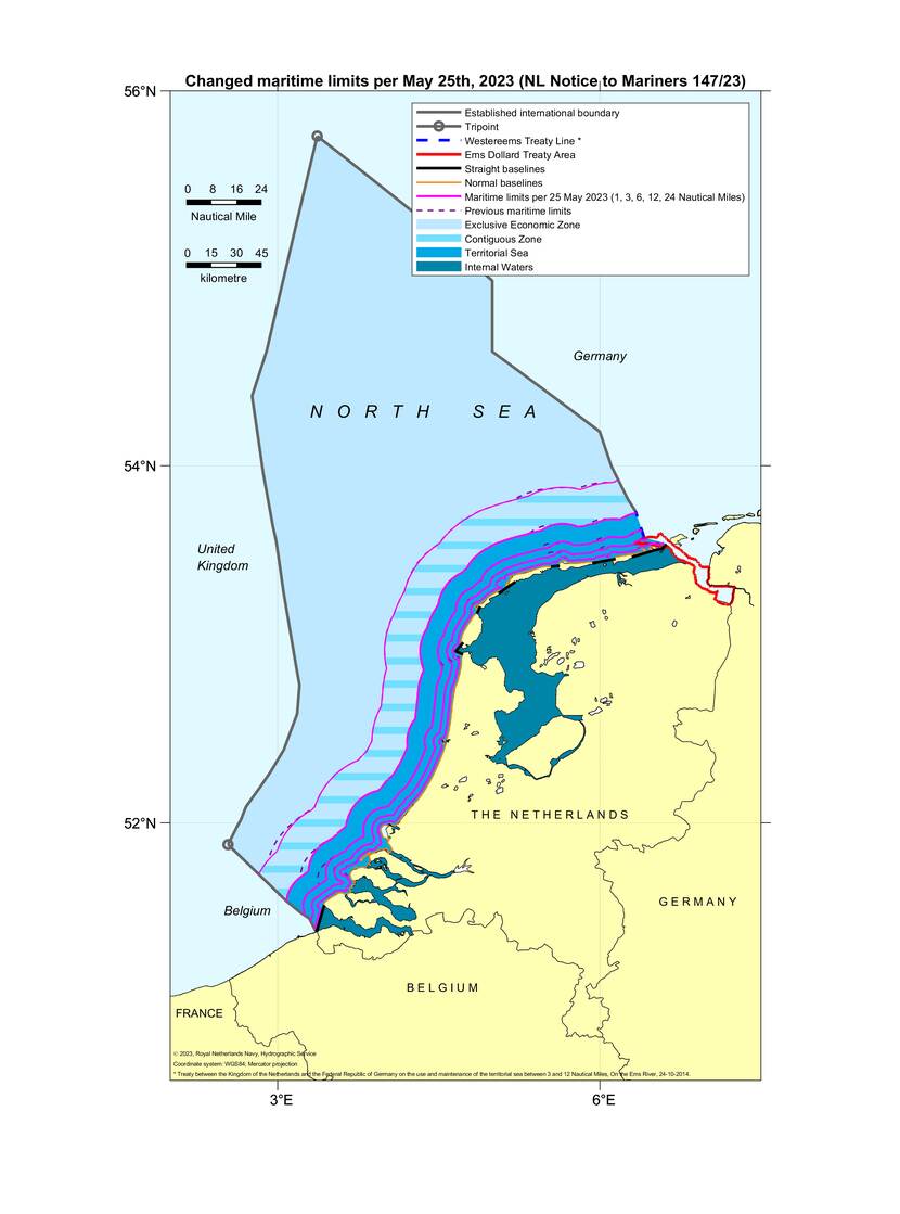Changed limits of maritime zones due to changed low-tide elevations in New Editions of nautical charts. The maximum changes are for respectively the 1, 3, 6, 12 and 24 Mile limit: : -3000, -2700, -5500, -4500 en -3500 meter.