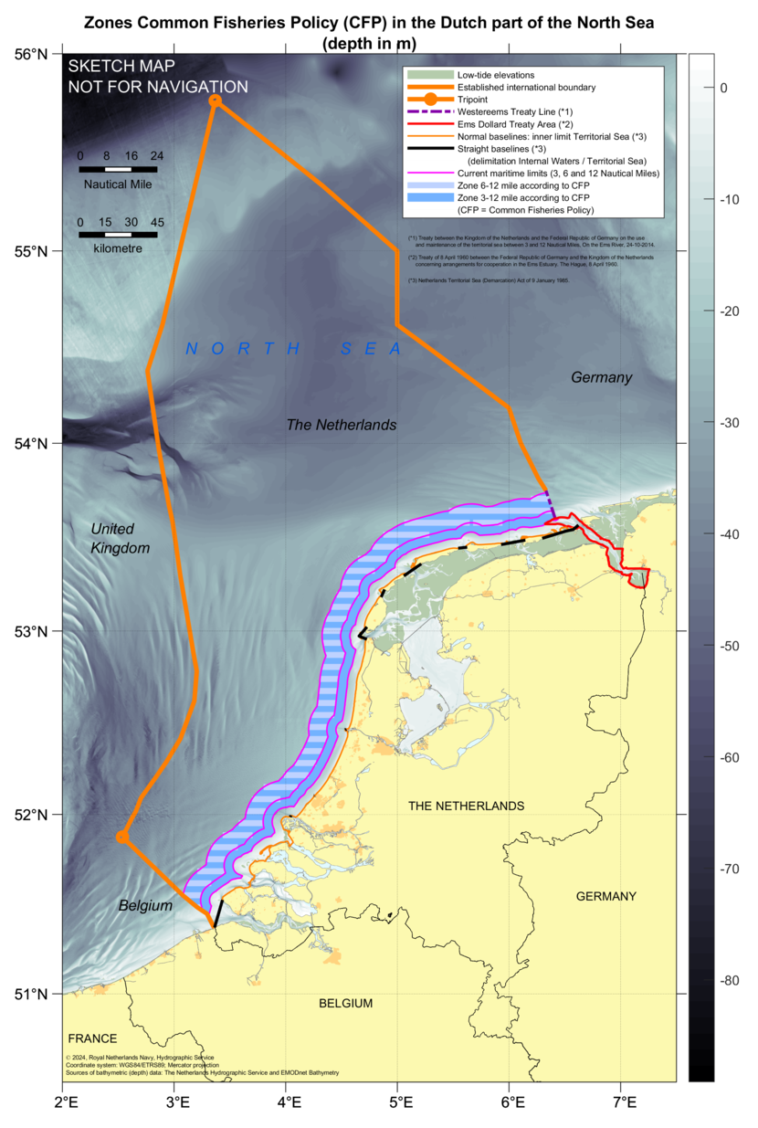 Chart: zones according to the Common Fisheries Policy in the Dutch Part of the North Sea (depth).