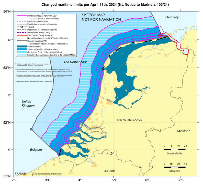 Chart: changed limits of maritime zones among the North Sea due to changed low-tide elevations in New Editions of nautical charts.