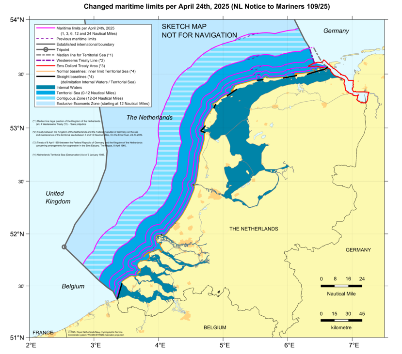 Chart: changed limits of maritime zones among the North Sea due to changed low-tide elevations in New Editions of nautical charts.