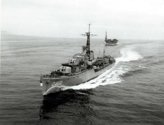 HNLMS Van Galen escorts the American aircraft carrier USS Sicily in April 1951.