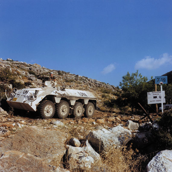 An YP 408 armoured vehicle, equipped with a50 machine gun, on patrol at post 7-19. The inhospitable terrain meant that parts of Dutchbatt’s sector could only be patrolled on foot.