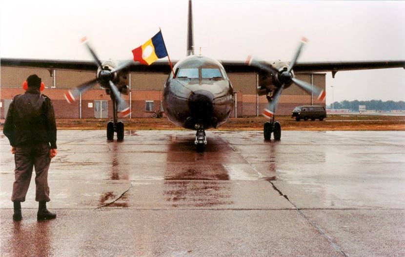 The C-12 arrives back at Soesterberg air base flying a Romanian flag with the communist logo removed.