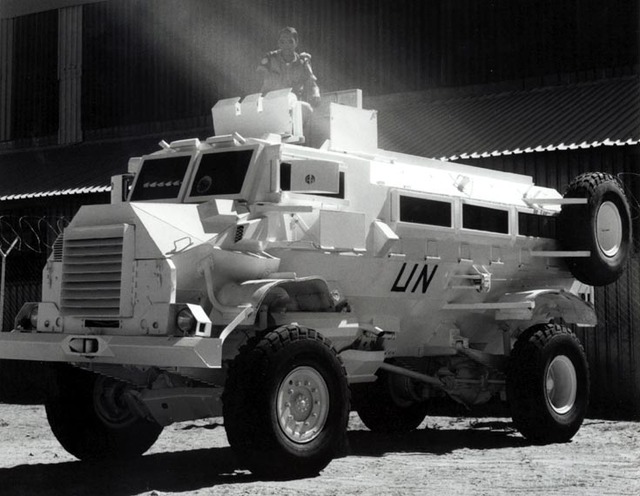 Sergeant 1 M. van der Sar on a South African-built Casspir MK III APC, a vehicle especially known for providing good protection against mines, in July 1989.