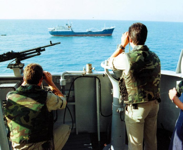 HNLMS Van Kinsbergen monitors observance of the international trade embargo of the former Yugoslavia in the Adriatic Sea, late 1992.