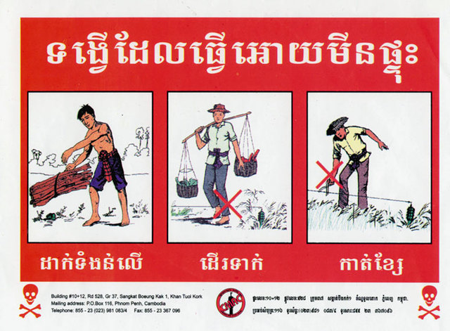 Informing the local population about the dangers of mines ('mine awareness') is part of many peace missions. The Cambodian Mine Action Centre disseminated this type of warning pamphlets among the Cambodian population.