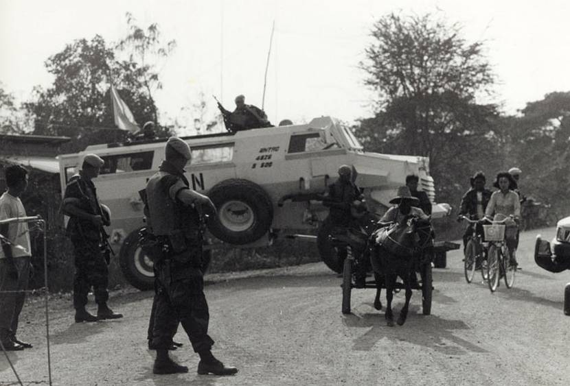 The marines used the mine-proof Wolf II, a South African-built armoured wheeled vehicle, to patrol areas strewn with mines. Here, it is being used at a vehicle checkpoint.