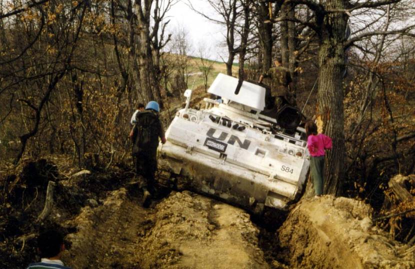 An YPR armoured tracked vehicle equipped with a50 machine gun on patrol in Srebrenica enclave.