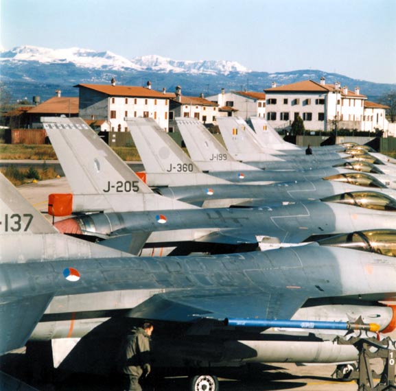 Dutch and Belgian F-16s on the flight line at the Villafranca air base in Italy during Operation Deny Flight.