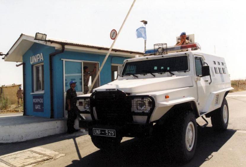 Morphou Gate, the entrance to the UNPA. Sergeant R. Seelen is about to go on patrol in a Tactia armoured car, July 1998.