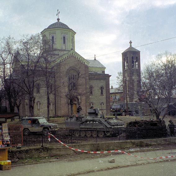 The 41 Field Artillery Unit’s reconnaissance platoon guarded this Serbian church in Mitrovica in mid-February 2000.