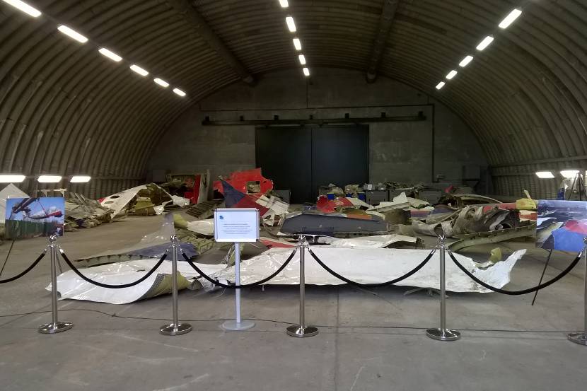 MH17 wreckage in a hangar at Gilze-Rijen Air Base.