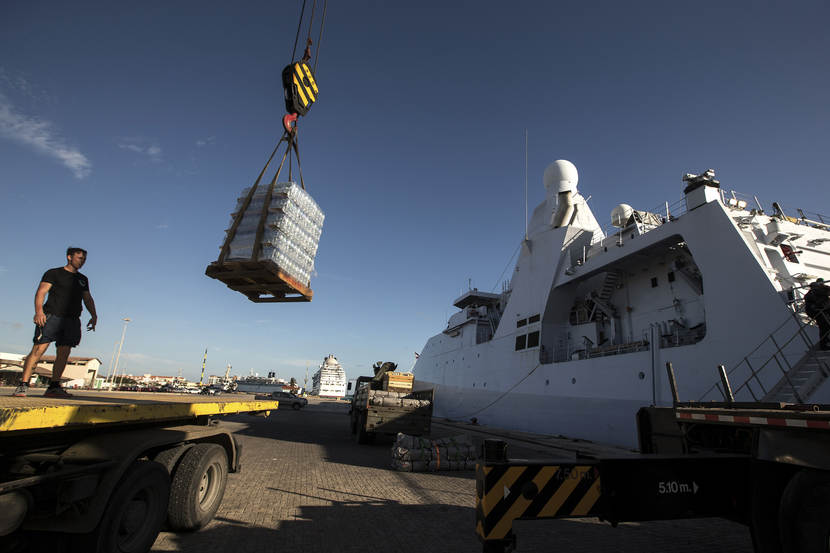 Loading operations of navy ship.